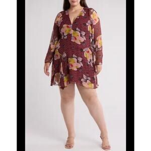 Joie Odilia Long Sleeve Silk Dress 1X Floral Sheer Sleeves Lined Oxblood A-Line